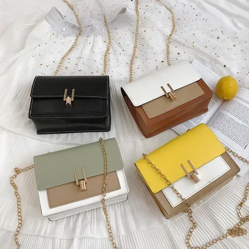 

Hot New Trendy Women Bags Fashion All-match Chain Shoulder Bag Hit Color Stitching Y Lock Bag Messenger Bag PU Mini Square Bag