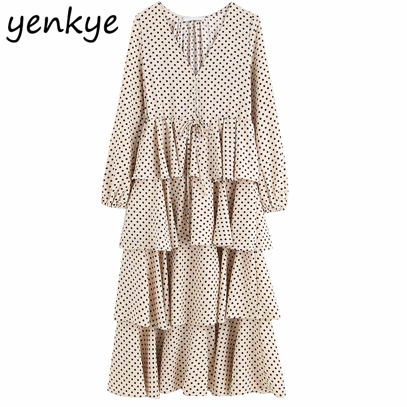 

2019 Women Layered Ruffle Vintage Polka Dot Long Dress Elegant Lady V Neck Long Sleeve Drawstring Waist A-line Autumn Dress