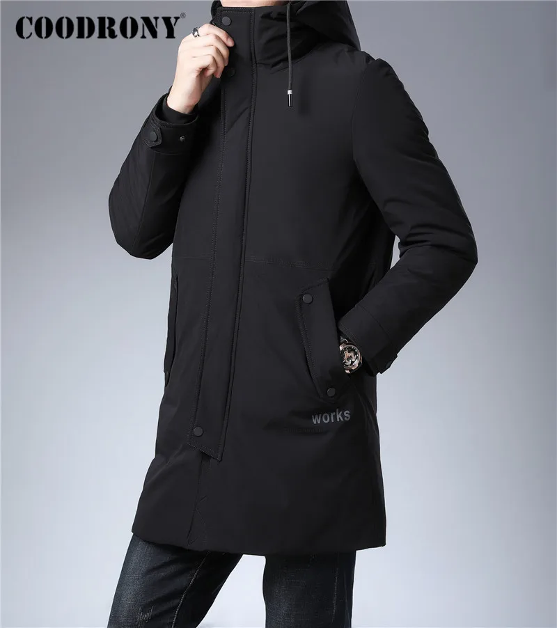 Бренд COODRONY, куртка на утином пуху, мужская одежда, зимние толстые теплые длинные куртки, повседневное пальто с капюшоном, мужская верхняя одежда с большими карманами 98030