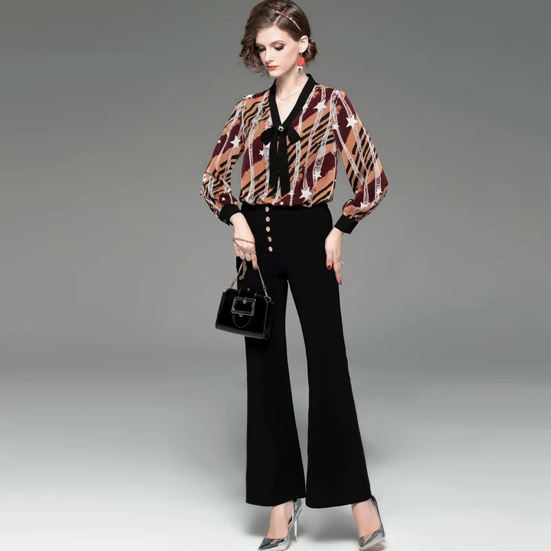

Women's Runway Twinsets Sexy V Neck Long Sleeves Printed Sashes Blouse with Long Pants Two Piece Pants Set Suits