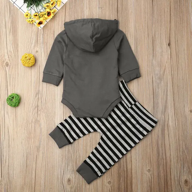 2019 Baby Spring Autumn Clothing Toddler Baby Boy Clothes Hooded Tops Long Sleeve Romper Striped+Long Pants Pocket Outfits 3