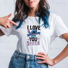 

I LOVE Stitch T Shirt Women America Fashion Harajuku Style Clothes Disney Young Fashion Lady Top Tee White Streetwear Summer