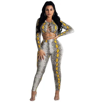

Snake Print Sexy 2 Piece Set Women Long Sleeve Lace Up Crop Top and Pant Suit Club Party Matching Sets 2 Piece Outfits for Women