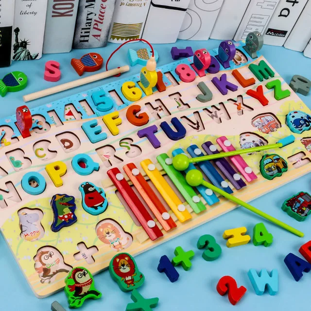 Wooden Montessori Toys Fruit Digital Animal Traffic Figure Preschool Children's Fishing Puzzle Baby Early Educational Math Toys 2