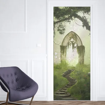 

3D Door Sticker Forest Wall Mural Art Magic castle Wallpaper Poster Stickers Self Adhesive Removable Home Door Decals