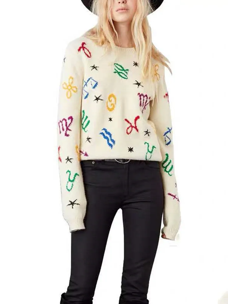 

New 2019 Women's Pullovers Colorful Constellation Autumn Winter O Neck Knitwear Christmas Clothing Long Sleeve