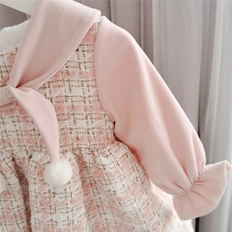 Winter baby dresses pink color fleece lining Christmas kids dresses for girls