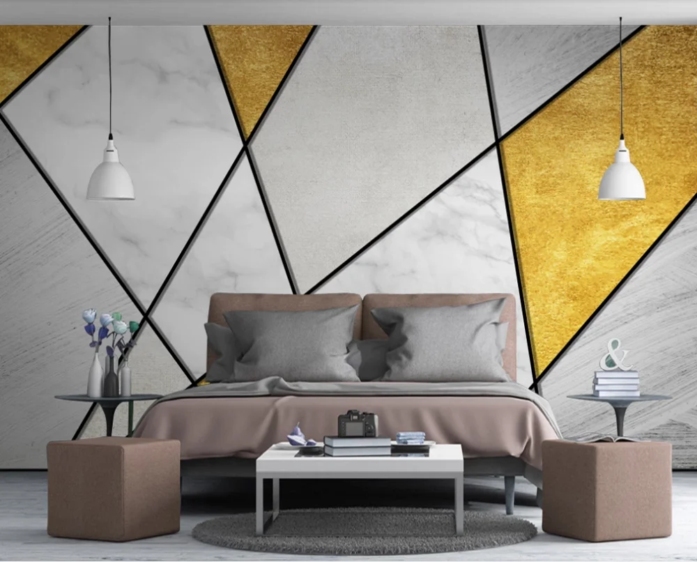 

Nordic simple personality retro abstract geometric golden TV background wall-custom wallpaper wall covering