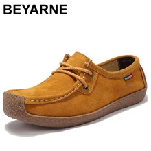 BEYARNE Brand Women Genuine Leather Flat Shoes Lace up Sneakers Autumn Oxford Shoes Female Loafers Casual Suede Flats Stitching