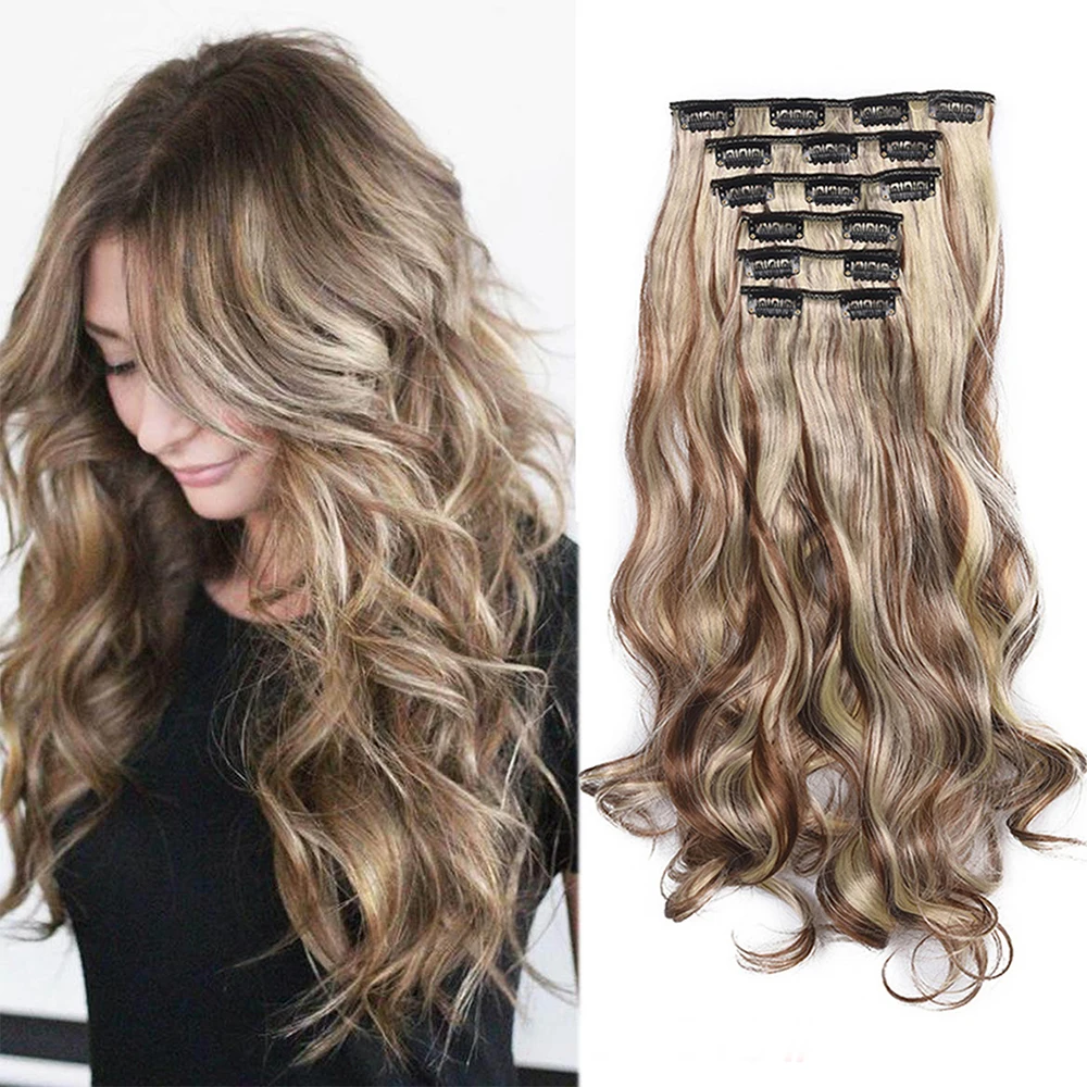 Hair Extensions Wavy Hairpiece Clip On 20Inch Synthetic Hair Clips Ombre Clip In Extensions 6Pcs/Set Heat Resistant
