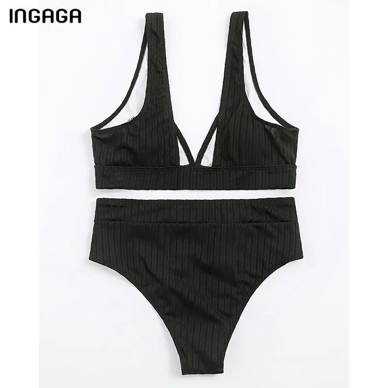 Бикини женское однотонное с V-образным вырезом и высокой талией ...