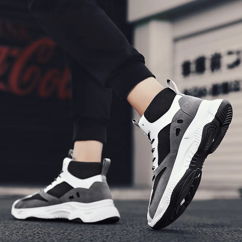 

2019 Breathable Mesh Leather Stitching Running Shoes Four Seasons Korean-style Trendy Shoes Mid-top Suede MEN'S Casual Shoes Old