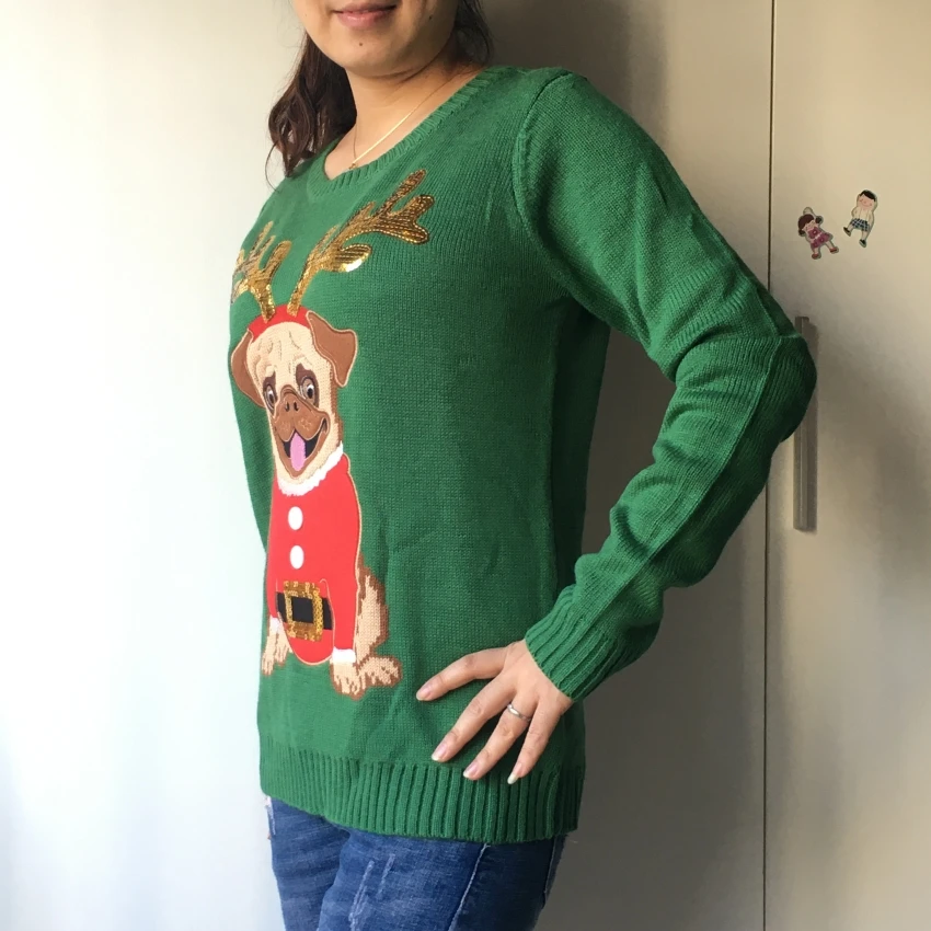 Уродливый свитер, Рождественский свитер для женщин, зеленый мопс, вышивка пайетками, пуловер с длинным рукавом, вязаный джемпер, топы M99591