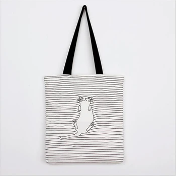 

2020 New Fashion Women Students Canvas Cat Stripe Printing Shoulder Bags Large Capacity Multi-Purpose Handle Women Shopping Bags