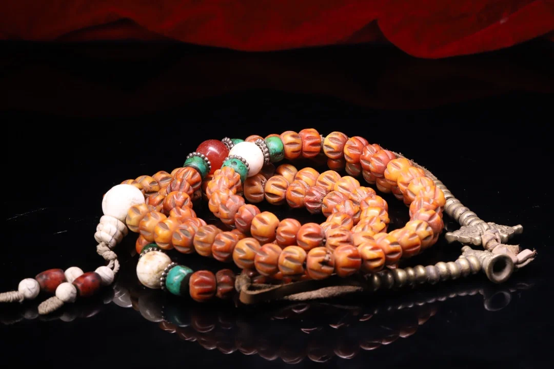 

27"Tibetan Temple Collection Old Natural yak bone Sculpture 108 Lotus petals Buddha Beads Necklace Amulet Pendant Town House