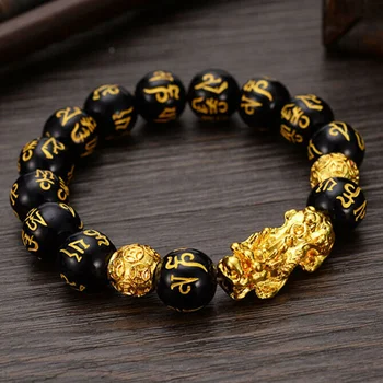 Feng Shui Obsidian Stone Beads Bracelet Men Women Unisex Wristband Gold Black Pixiu Wealth and Good Luck  Women Bracelet 1