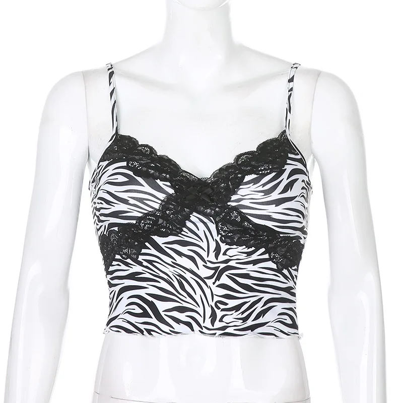 Sexy Kawaii Y2k Crop Top Sweet Spaghetti Strap Cherry Leopard Print Lace Cami Top Streetwear 90s Womens Tank Tops Canotta Donna