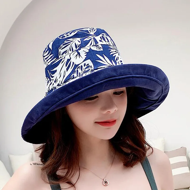 UV Protection Summer Sun Hat Women Packable Reversible Cotton Ponytail Chin Strap 55-59CM