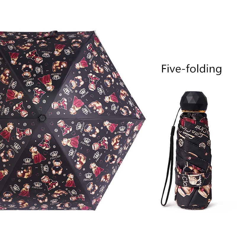 Креативный брендовый женский зонт от дождя, пятискладной Зонт с карманами, женский пляжный зонт с милым медвежонком - Цвет: black