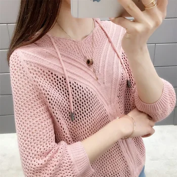 

Hooded Knitted Thin Hollow Blouse Female Spring Wear New Style Loose Bat Shirt Blouse Fashion in 2019