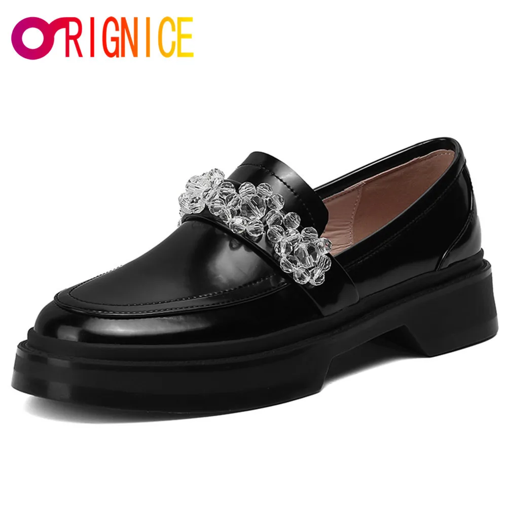 

Orignice Shining Crystal Women Platform Chunky Pumps Genuine Leather Fashion Round Toe Thick Sole Spring Autumn Casual Shoes