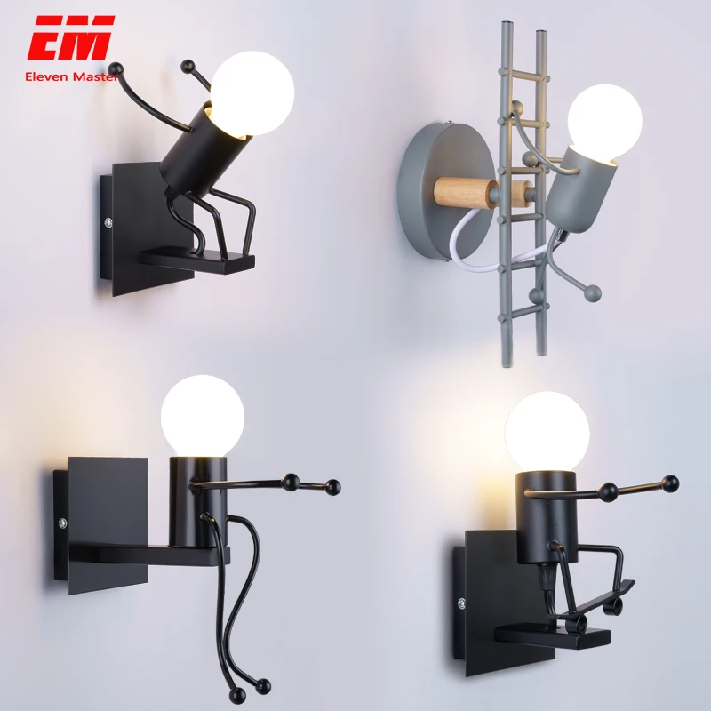 Modern Cartoon Doll Wall Light Fixtures LED Creative Mounted Iron  Bedside Sconce Lamp for Kids Baby Room Living Room ZBD0008