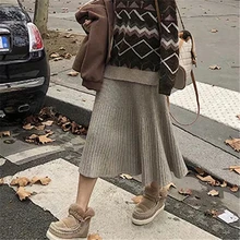 Осень Зима теплые вязаные юбки новые корейские шикарные миди-юбка с высокой талией женские плиссированные длинные юбки женские элегантные черные юбки