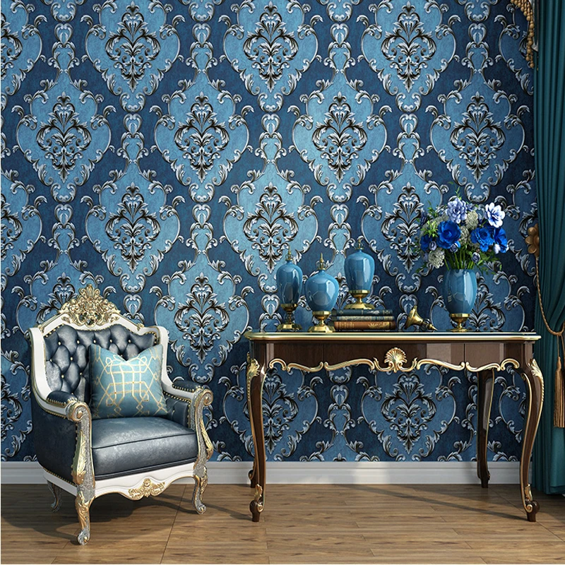 European Geometric Luxury Damask 3D Embossed Non-woven Blue Black Wallpaper for Bedroom Living Room Wall Paper Roll Home Decor