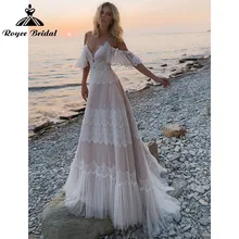 

robe soirée mariage Blush Pink Wedding Dress A Line Beach V Neck Backless Spaghetti Straps Lace Tulle Off the Shoulder 2022