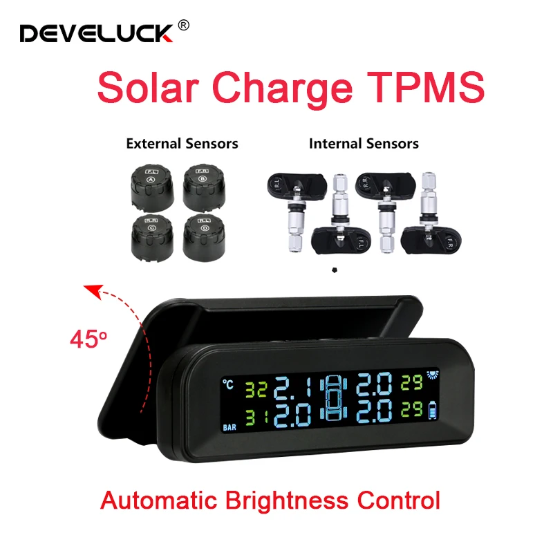 

Develuck TPMS Automatic Brightness Control Solar Power Car Tire Pressure Monitor System Adjustable LCD Screen Wireless 4 Tire