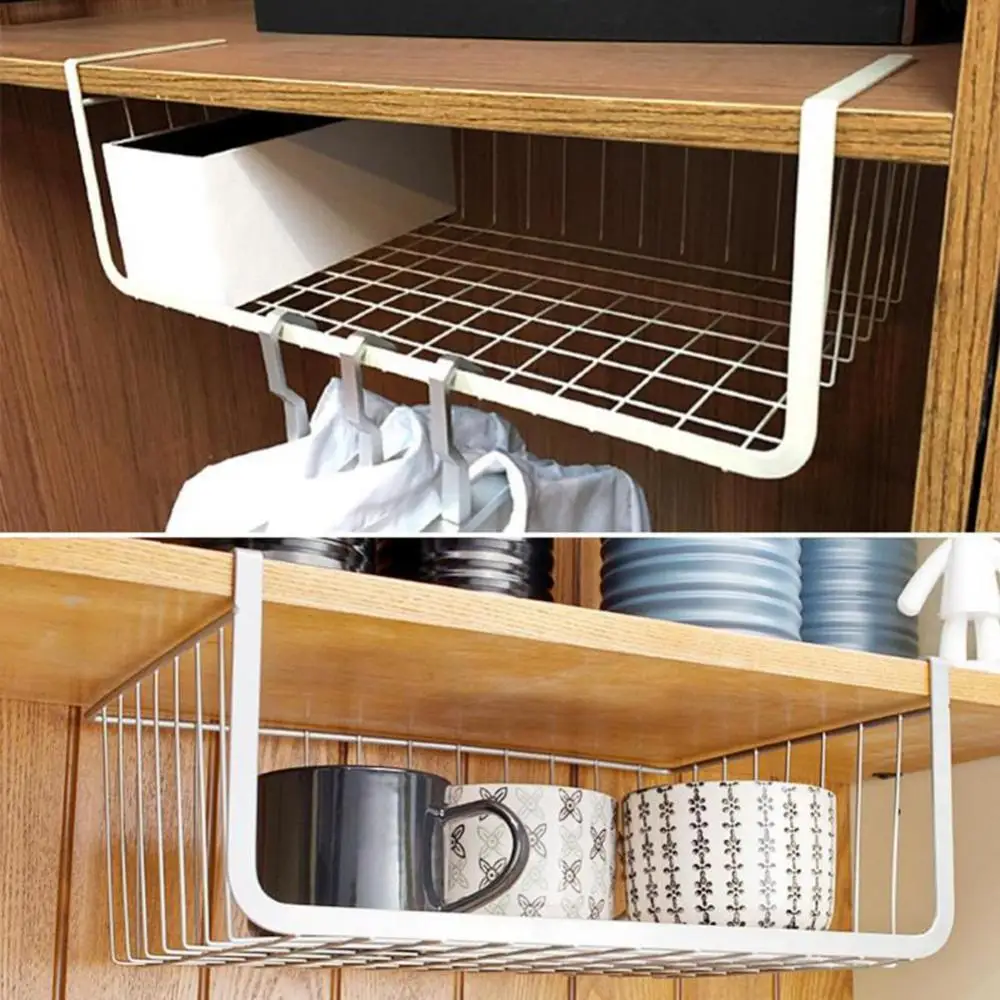 Under Shelf Hanging Basket,White Under Shelf Storage Basket,Metal Wire  Storage Basket Organizer,Undershelf Storage Unit Kitchen,Iron Mesh Shelf  Basket Cabinet,For Office,Pantry,Cabinet,Bathroom 
