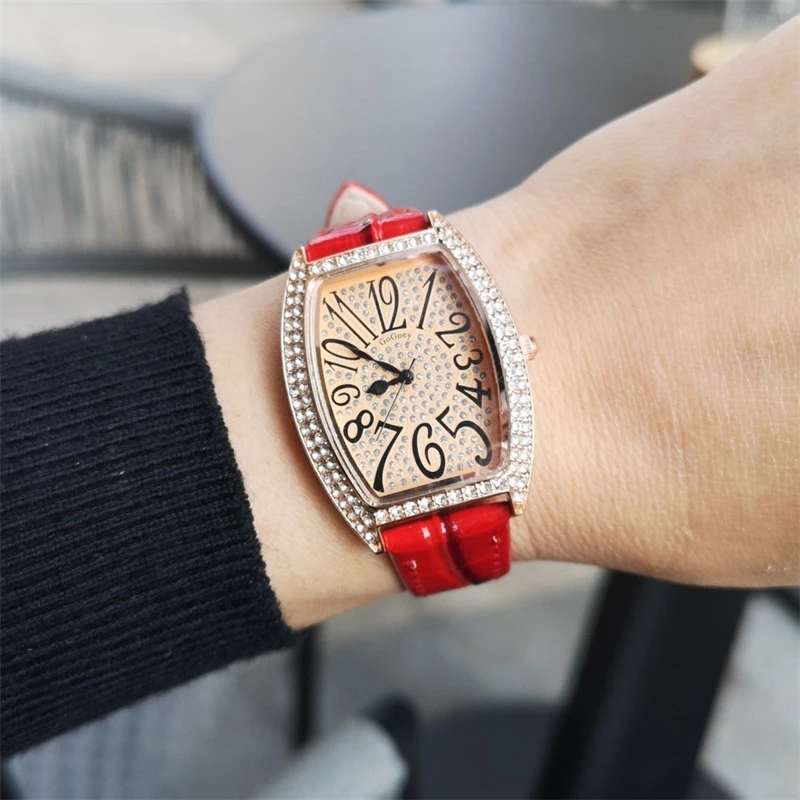 Luxury Diamond Women Vogue Watches Retro Tonneau Ladies Quartz Wristwatches  Simple Number Pu Leather Female Watch Red Clock|Women's Watches| -  AliExpress