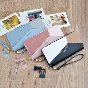 

New Women's Clutch Wallet Women's Long Korean Style Contrasting Color Stitching Zipper Tassel Large Capacity Wallet Phone Bags