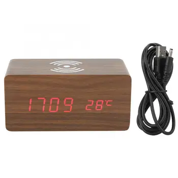 

Wooden Rectangle Alarm Clock with Qi Wireless Charging LED Digital Voice Control