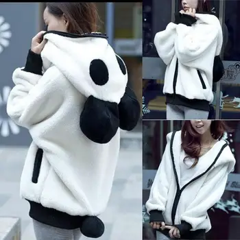 

Women Jacket Warm Black And White Panda Hooded Coat Zipper Lady Teddy Bear Autumn Winter Korean Plush Outerwear With Ears