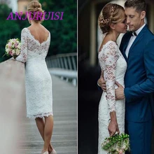 ANJURUISI Короткое свадебное платье длиной до колена простое облегающее свадебное платье с длинными рукавами кружевное свадебное платье пуговицы