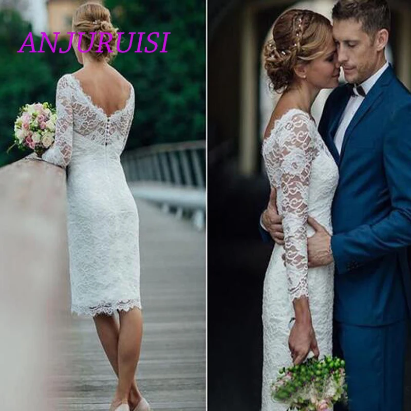 

ANJURUISI 2019 Scoop Short Wedding Dress Knee Length Simple Sheath Wedding Gowns Long Sleeves Vintage Lace Bridal Gowns Buttons