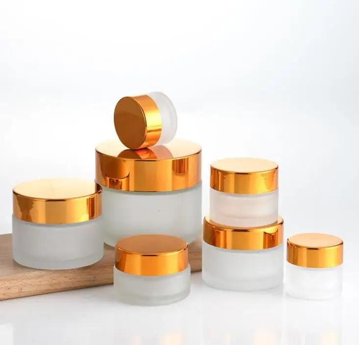 Frost Glass Cream Jar Bottle 10g 20g 30g 1oz Empty Container Cosmetic Jars with Black Gold Lid SN522