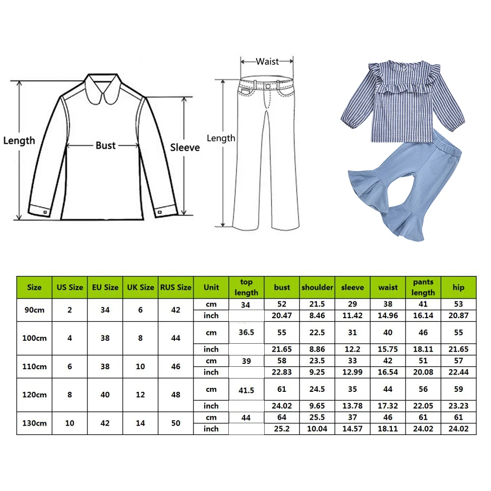 CYSINCOS 2020 New Toddler Baby Girls Clothes Kids Striped Fly-Sleeve Top Bell Flared Flannel Pants Spring Fashion Clothing Set