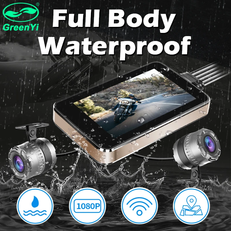 

GreenYi Full Body Waterproof Motorcycle DVR Dash Cam WiFi 1080P FHD Front Rear View Motorcycle Camera GPS Logger Recorder Box