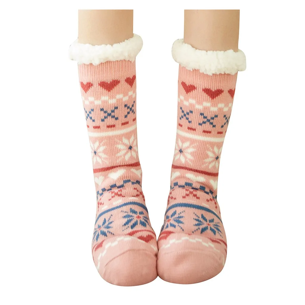 Рождественские носки женские хлопковые носки с принтом, толстые нескользящие носки-тапочки, теплые зимние флисовый носок для женщин - Цвет: Love Pink