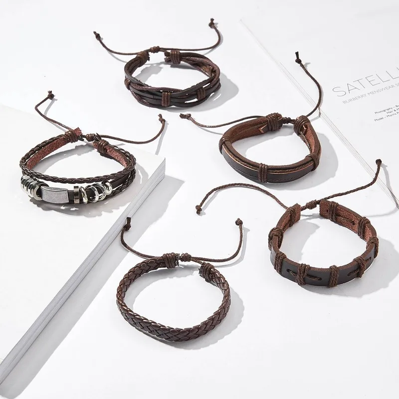 Винтажный Многослойный кожаный браслет с листьями и перьями, мужской модный плетеный браслет ручной работы из стср-веревки, браслеты и браслеты, мужской подарок
