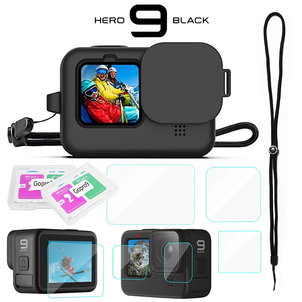 Funda protectora de silicona para GoPro Hero 9, Protector de pantalla de vidrio templado, tapa de objetivo, accesorio para Go Pro 9, color negro