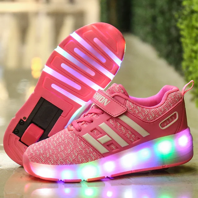 US $13.11 Blue Black Pink Fashion Girls Boys LED Light Roller Skate Shoes For Children Kids Sneakers With Whe