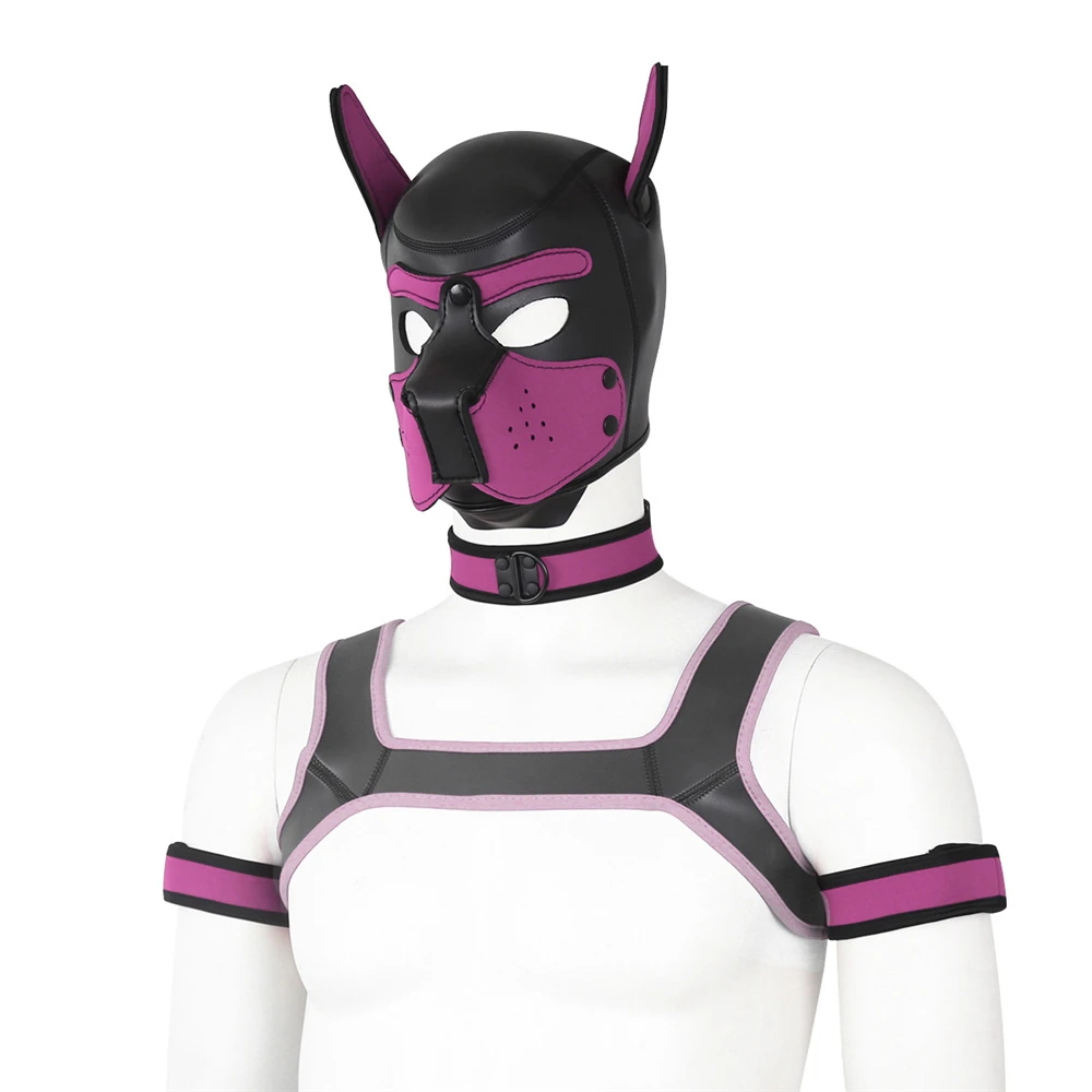 

Unisex Costume Dance Dog Head Mask Neoprene Play Body Restraint Costume Chest Harness Belt Top Dog Hood Choker Collar Arm Set