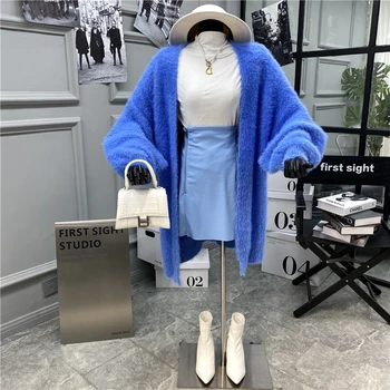 

Fake Mink Cardigan Sweater Female Loose Lazy Wind In The Long 2020 Autumn and Winter New Knitwear Jacket V-Neck Woman Sweaters