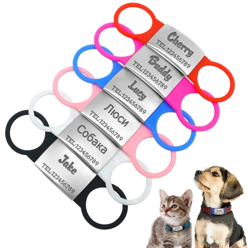 Etiqueta de identificación para perro y gato, placa de identificación de goma extensible, de silicona, de acero inoxidable, grabado, Collar para perro, placa antipérdida