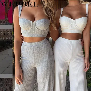 

WEPBEL Summer Solid Color Two-Piece Suit Women's Fashion Spaghetti Strap Slim Vest + High Waist Wide Leg Pants Casual Suit