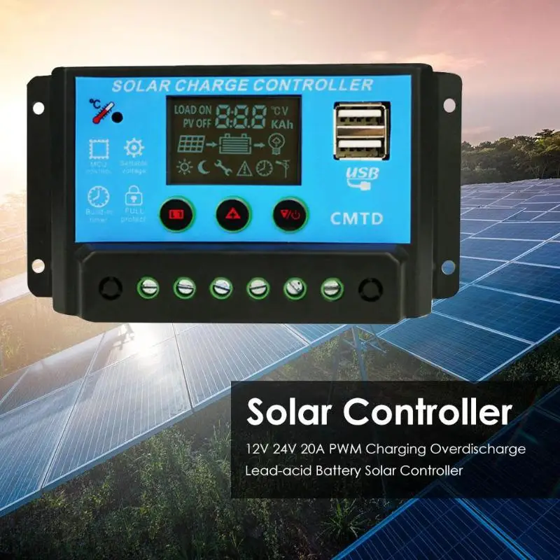 

20A 12/24V Solar Charge Controller Intelligent Environmental Safety Non-toxicitySolar Lead-acid Battery Regulator 133x69x34mm