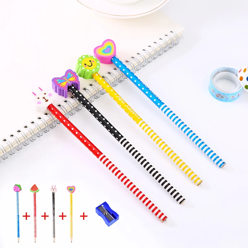 4pcs /set Creative Cartoon Eraser Children HB Pencil Schoolchildren Children Gifts Pencil Sketch Pencil Pencil Sharpener Set